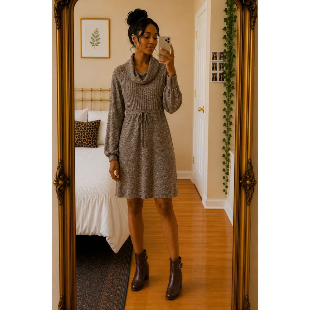 Calvin Klein Marled Knit Cowl Neck Balloon Sleeve Sweater Dress